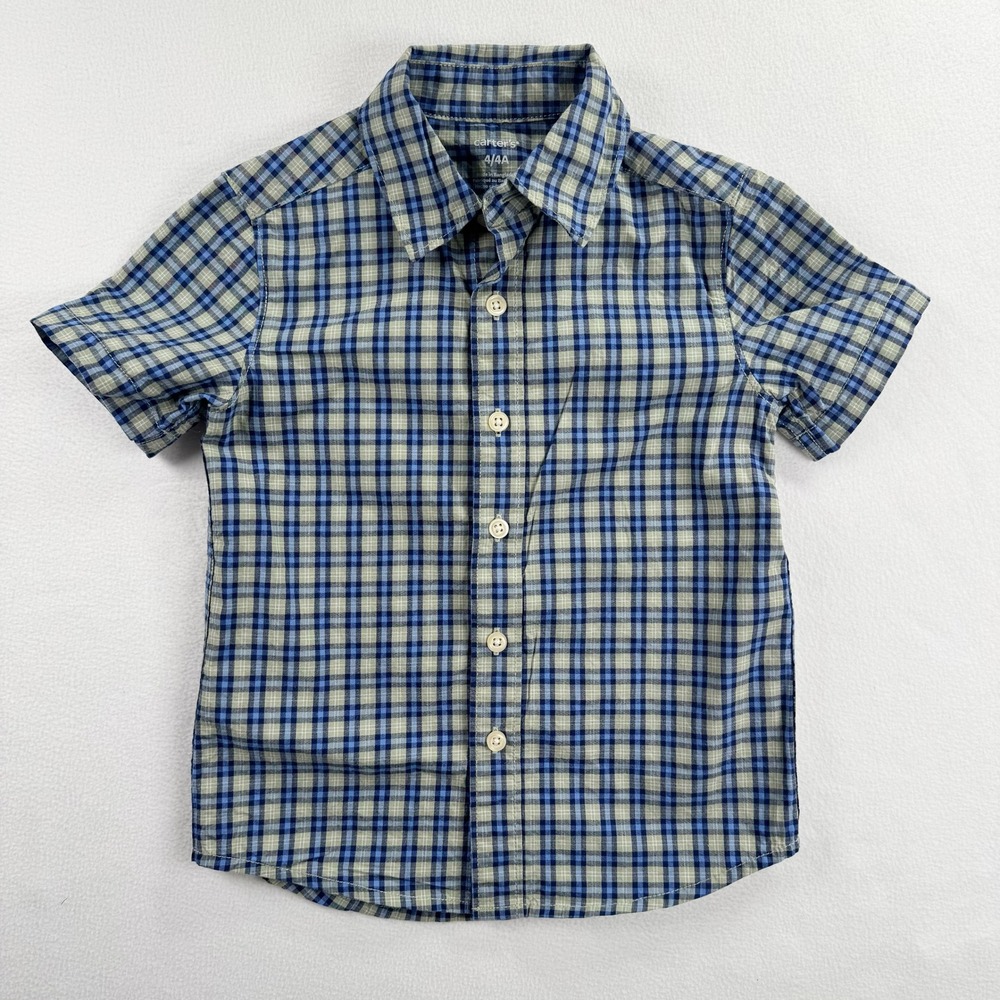 Carters Boys Blue Green Plaid Short Sleeve Button Down Casual Dress Shirt Size 4